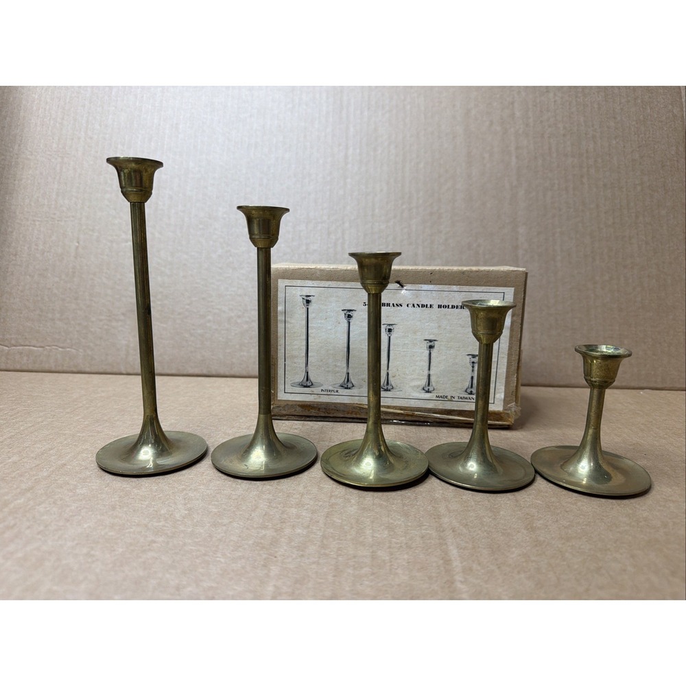 Set of 5 Vintage Brass Candle Holders Graduated Tapered Candlesticks 3"-7"